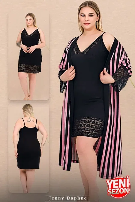 Büyük Beden Çizgili Viskon Askılı Sabahlık Gecelik Takım Lady 19239