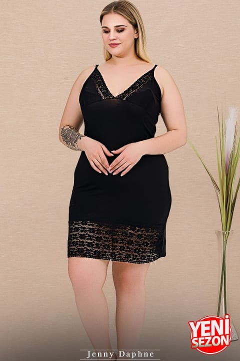 Büyük Beden Çizgili Viskon Askılı Sabahlık Gecelik Takım Lady 19239 - Siyah