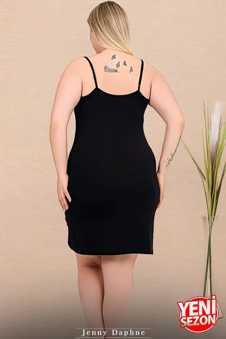 Büyük Beden Çizgili Viskon Askılı Sabahlık Gecelik Takım Lady 19239 - Siyah