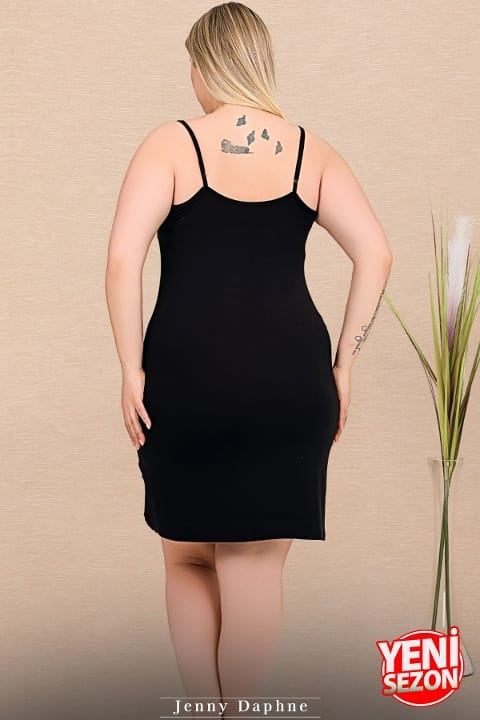 Büyük Beden Çizgili Viskon Askılı Sabahlık Gecelik Takım Lady 19239 - Siyah