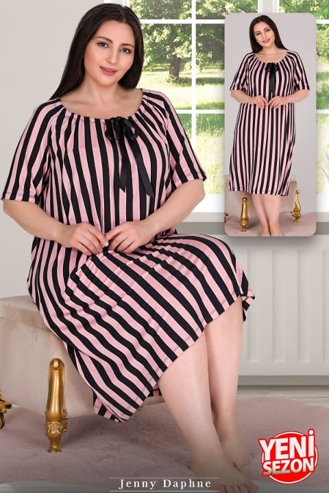 Büyük Beden Çizgili Kurdelalı Tunik Gecelik Lady 8816