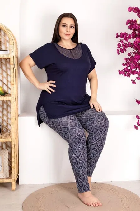 Büyük Beden Dantel Detaylı Kısa Kollu Pijama Takımı Lady 10973 - Mor