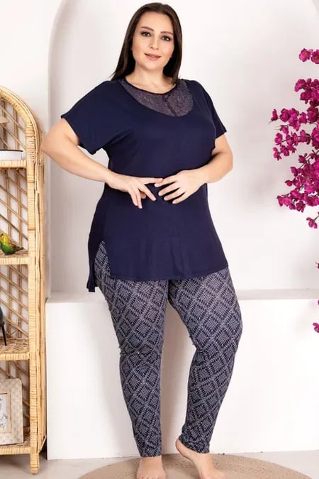 Büyük Beden Dantel Detaylı Kısa Kollu Pijama Takımı Lady 10973 - Mor
