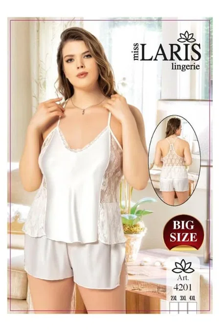 Büyük Beden Dantel İşlemeli Saten Şort Takım Miss Laris 4201 - Ekru