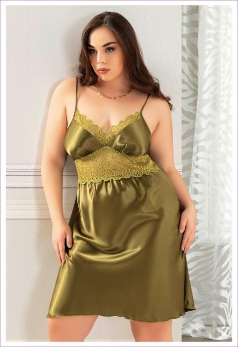 Dantelli İnce Askılı Yeşil Saten Gecelik Miss Laris 4036 - Yeşil