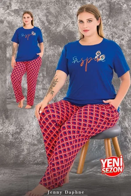 Büyük Beden Desenli Kısa Kollu Pijama Takımı Lady 10981 - Mavi