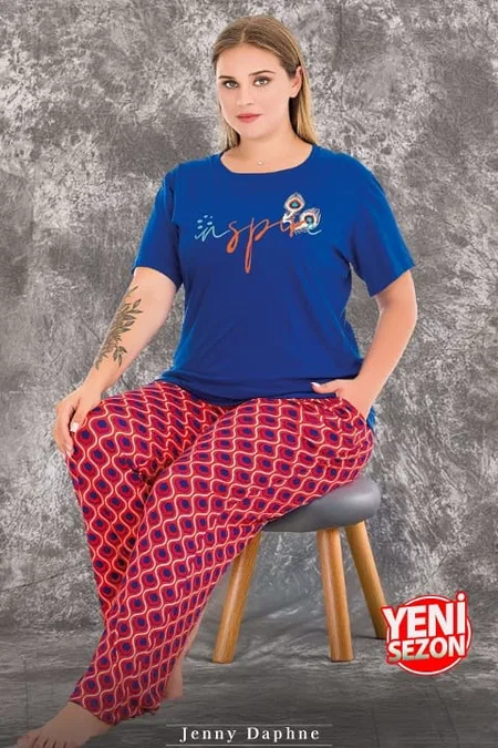 Büyük Beden Desenli Kısa Kollu Pijama Takımı Lady 10981 - Mavi