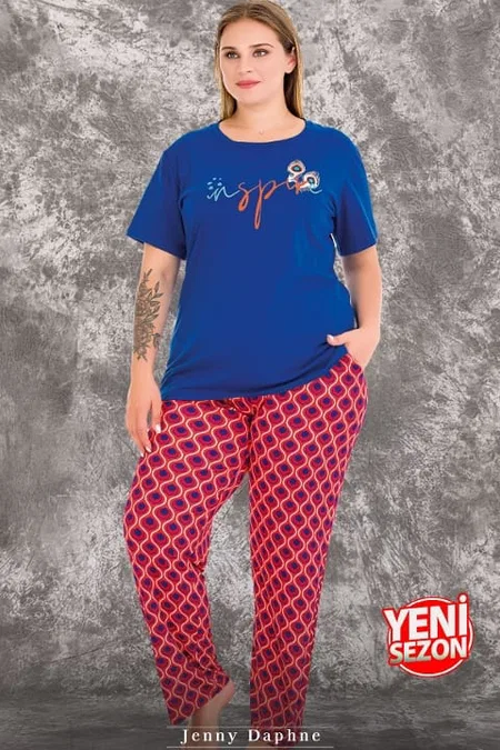 Büyük Beden Desenli Kısa Kollu Pijama Takımı Lady 10981 - Mavi