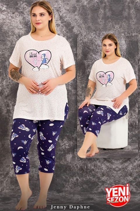 Büyük Beden Desenli Kapri Pijama Takımı Lady 10713 - Ekru