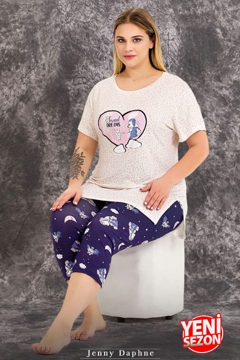 Büyük Beden Desenli Kapri Pijama Takımı Lady 10713 - Ekru