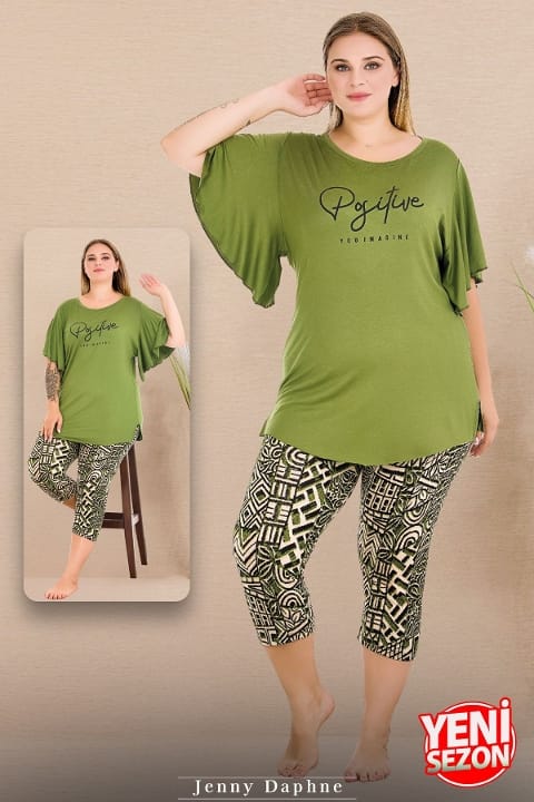 Desenli Geniş Kısa Kollu Kapri Pijama Takımı Lady 10721 - Yeşil