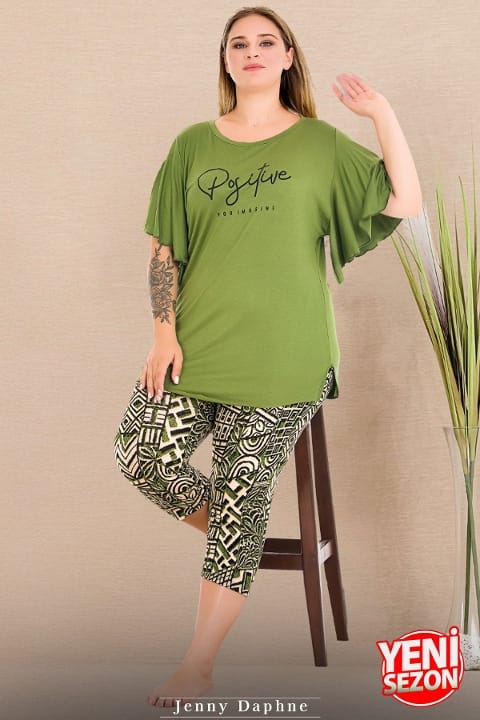 Desenli Geniş Kısa Kollu Kapri Pijama Takımı Lady 10721 - Yeşil