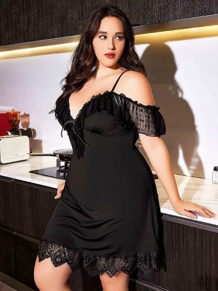 Büyük Beden Düşük Omuzlu Somon Kadın Gecelik Pink Night 6669