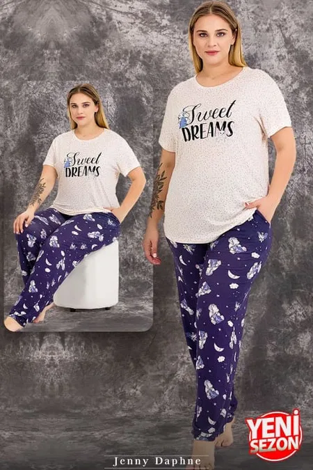 Ekru Çiçek Desenli Büyük Beden Pijama Takımı Lady 10978 - Lacivert