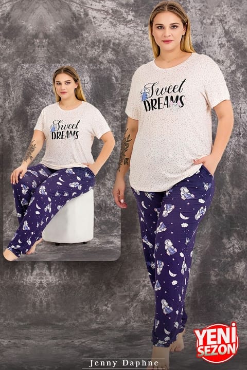 Ekru Çiçek Desenli Büyük Beden Pijama Takımı Lady 10978