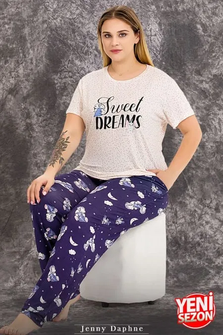 Ekru Çiçek Desenli Büyük Beden Pijama Takımı Lady 10978 - Lacivert