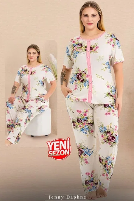 Büyük Beden Gül Desenli Düğmeli Pijama Takımı Lady 11015 - Beyaz
