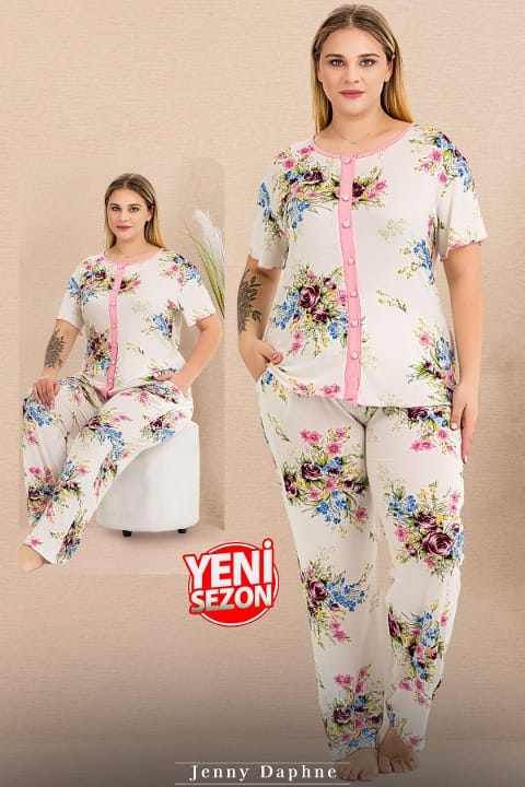 Büyük Beden Gül Desenli Düğmeli Pijama Takımı Lady 11015