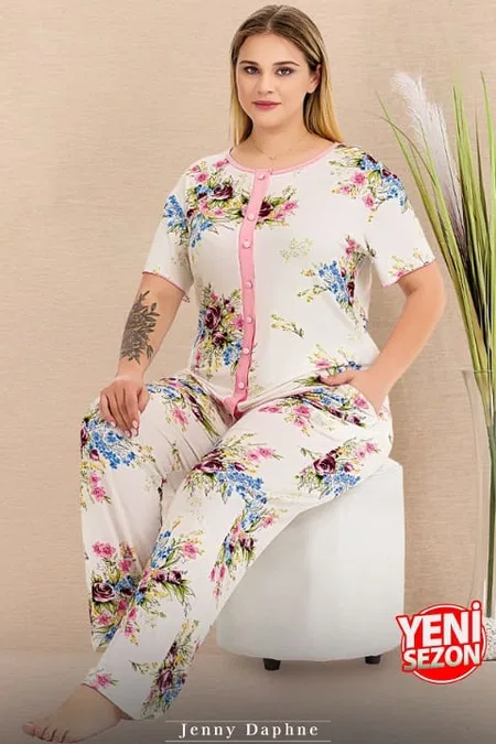 Büyük Beden Gül Desenli Düğmeli Pijama Takımı Lady 11015 - Beyaz