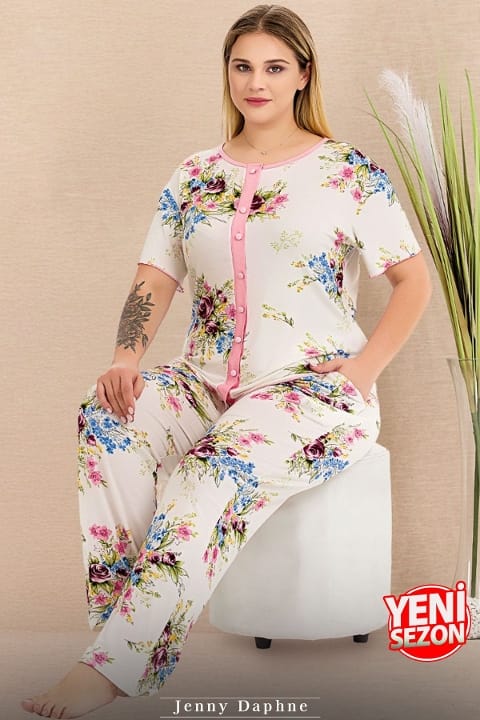 Lady Büyük Beden Gül Desenli Düğmeli Pijama Takımı Lady 11015 - Görsel 2