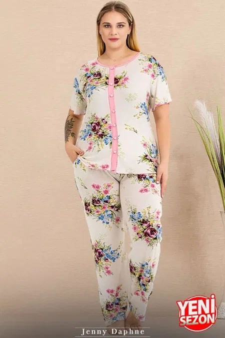 Büyük Beden Gül Desenli Düğmeli Pijama Takımı Lady 11015 - Beyaz
