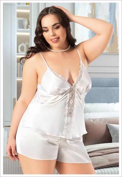 Büyük Beden İnce Askılı Ekru Saten Şort Pijama Takımı Miss Laris 4239