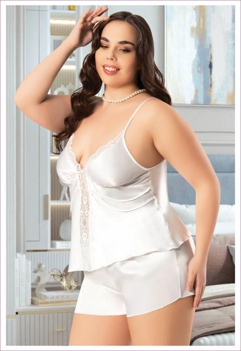 Büyük Beden İnce Askılı Ekru Saten Şort Pijama Takımı Miss Laris 4239 - 2