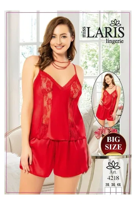 Büyük Beden Kırmızı Saten Şortlu Gecelik Takımı Miss Laris 4218 - Kırmızı