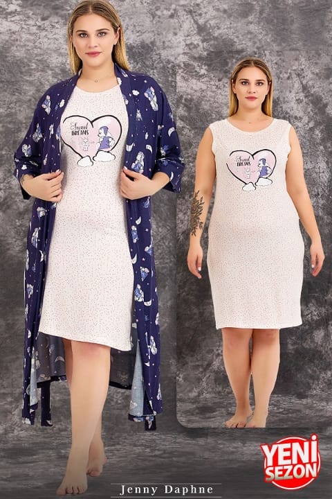 Büyük Beden Lacivert 2li Gecelik Sabahlık Takımı Lady 19233