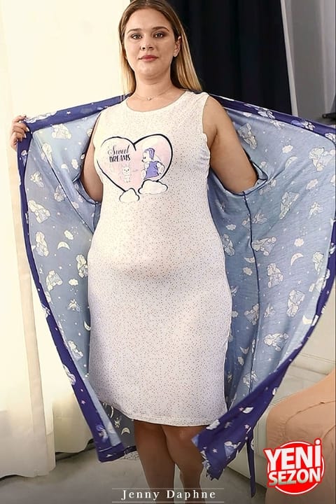 Büyük Beden Lacivert 2li Gecelik Sabahlık Takımı Lady 19233 - Lacivert