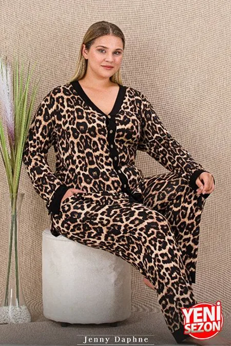 Leopar Desenli Büyük Beden Uzun Kollu Pijama Takımı Lady 11425