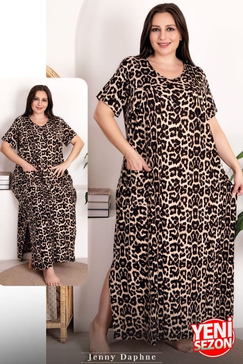 Leopar Desenli Yırtmaçlı Kısa Kollu Elbise Lady 7251