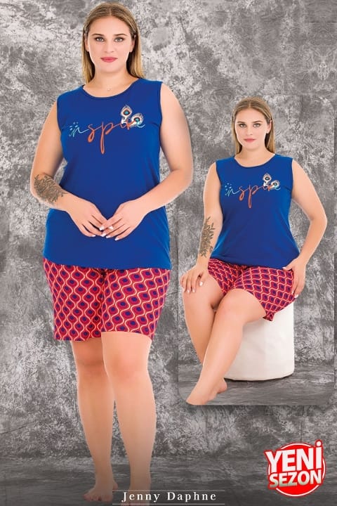 Desenli Büyük Beden Sıfır Kollu Şortlu Pijama Takımı Lady 10426 - Mavi