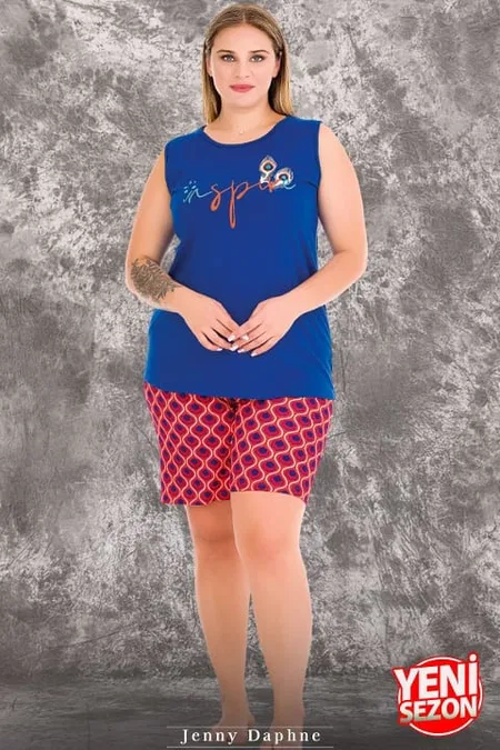 Desenli Büyük Beden Sıfır Kollu Şortlu Pijama Takımı Lady 10426 - Mavi