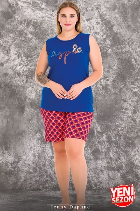 Desenli Büyük Beden Sıfır Kollu Şortlu Pijama Takımı Lady 10426 - 2