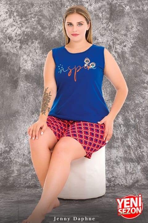 Desenli Büyük Beden Sıfır Kollu Şortlu Pijama Takımı Lady 10426 - Mavi