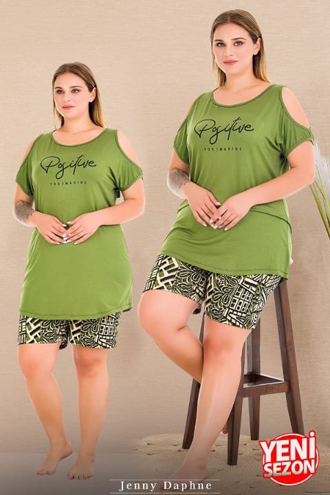 Yumuşak Pamuklu Kısa Kollu Şort Pijama Takımı Lady 10429 - Yeşil