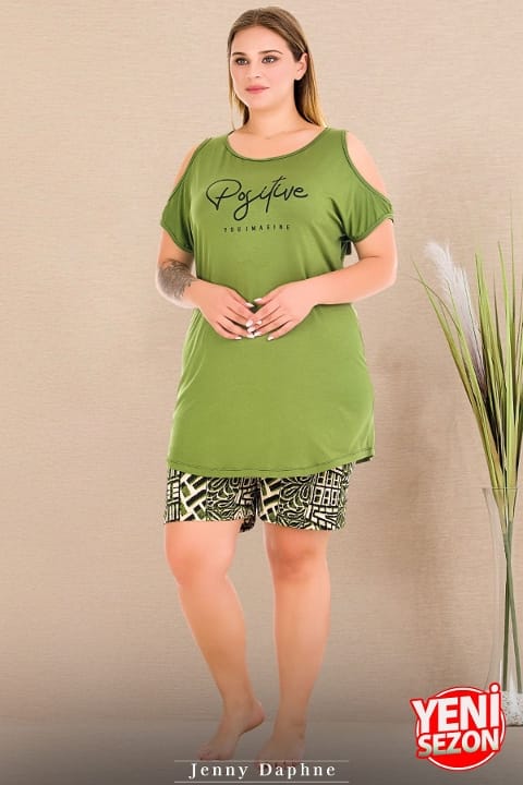 Yumuşak Pamuklu Kısa Kollu Şort Pijama Takımı Lady 10429 - Yeşil