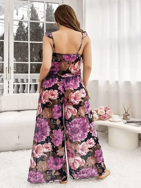 Büyük Beden Pembe Çiçek Desenli Pantolon Takım Pink Night 6958 - 2