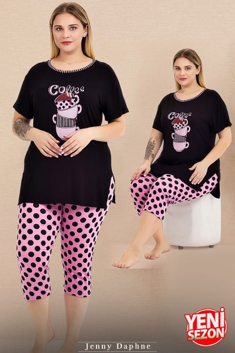 Büyük Beden Puantiyeli Kısa Kollu Kapri Pijama Takımı Lady 10723