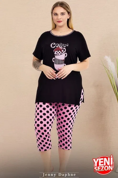 Büyük Beden Puantiyeli Kısa Kollu Kapri Pijama Takımı Lady 10723 - Siyah