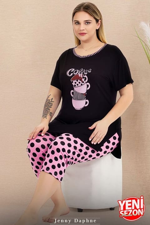 Büyük Beden Puantiyeli Kısa Kollu Kapri Pijama Takımı Lady 10723 - Siyah