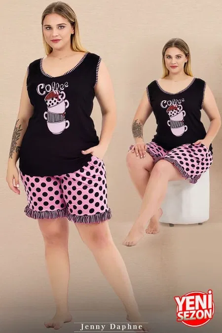 Büyük Beden Puantiyeli Kolsuz Bisiklet Yaka Şortlu Pijama Takımı Lady 10431 - Siyah