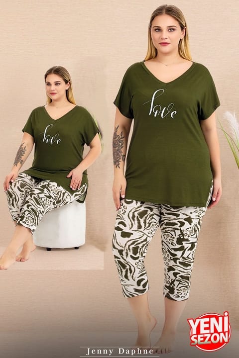 Büyük Beden Yeşil Desenli Kısa Kollu Kapri Pijama Takımı Lady 10715 - Yeşil