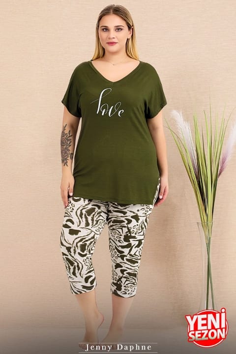 Büyük Beden Yeşil Desenli Kısa Kollu Kapri Pijama Takımı Lady 10715 - 2