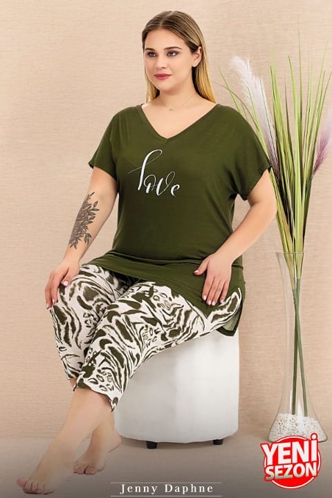 Büyük Beden Yeşil Desenli Kısa Kollu Kapri Pijama Takımı Lady 10715 - Yeşil