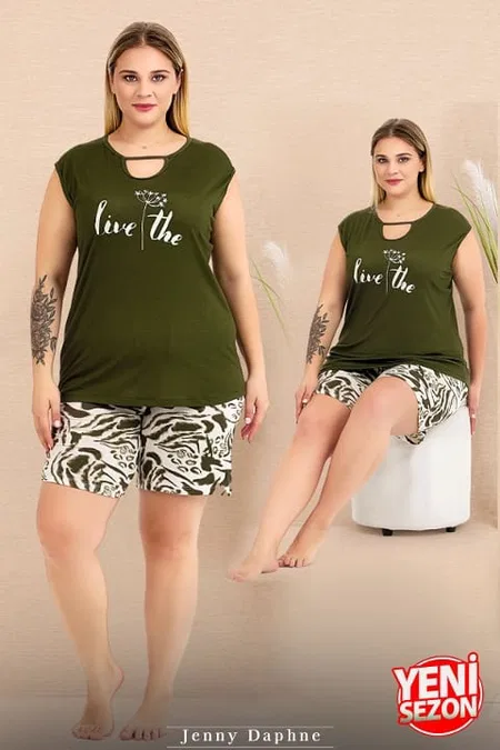 Büyük Beden Kolsuz İp Yaka Şortlu Pijama Takımı Lady 10424 - Yeşil
