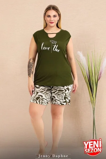 Büyük Beden Kolsuz İp Yaka Şortlu Pijama Takımı Lady 10424 - Yeşil