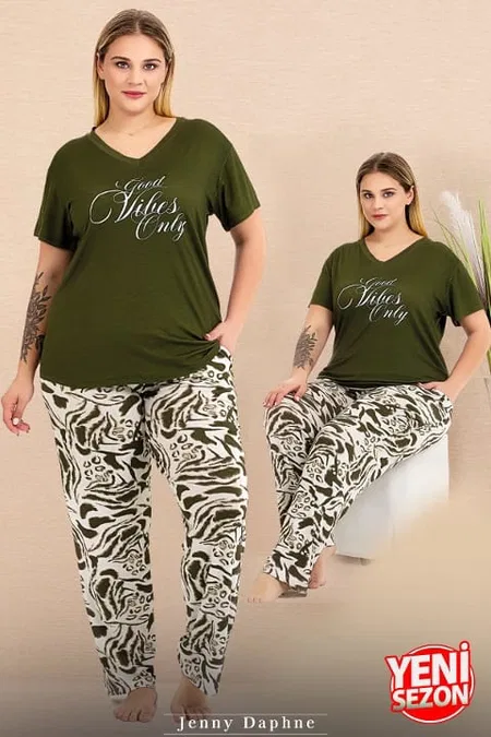 Büyük Beden V Yaka Yeşil Pijama Takımı Lady 10999 - Yeşil