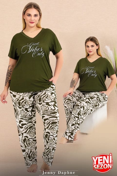 Lady Büyük Beden V Yaka Yeşil Pijama Takımı Lady 10999